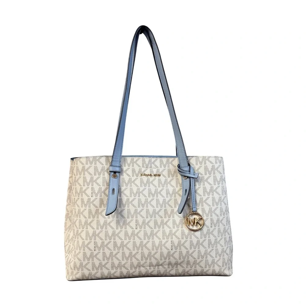 Michael Kors Charlotte Large Tote Bag Signature Logo‎ Cream Blue Gold Hardware